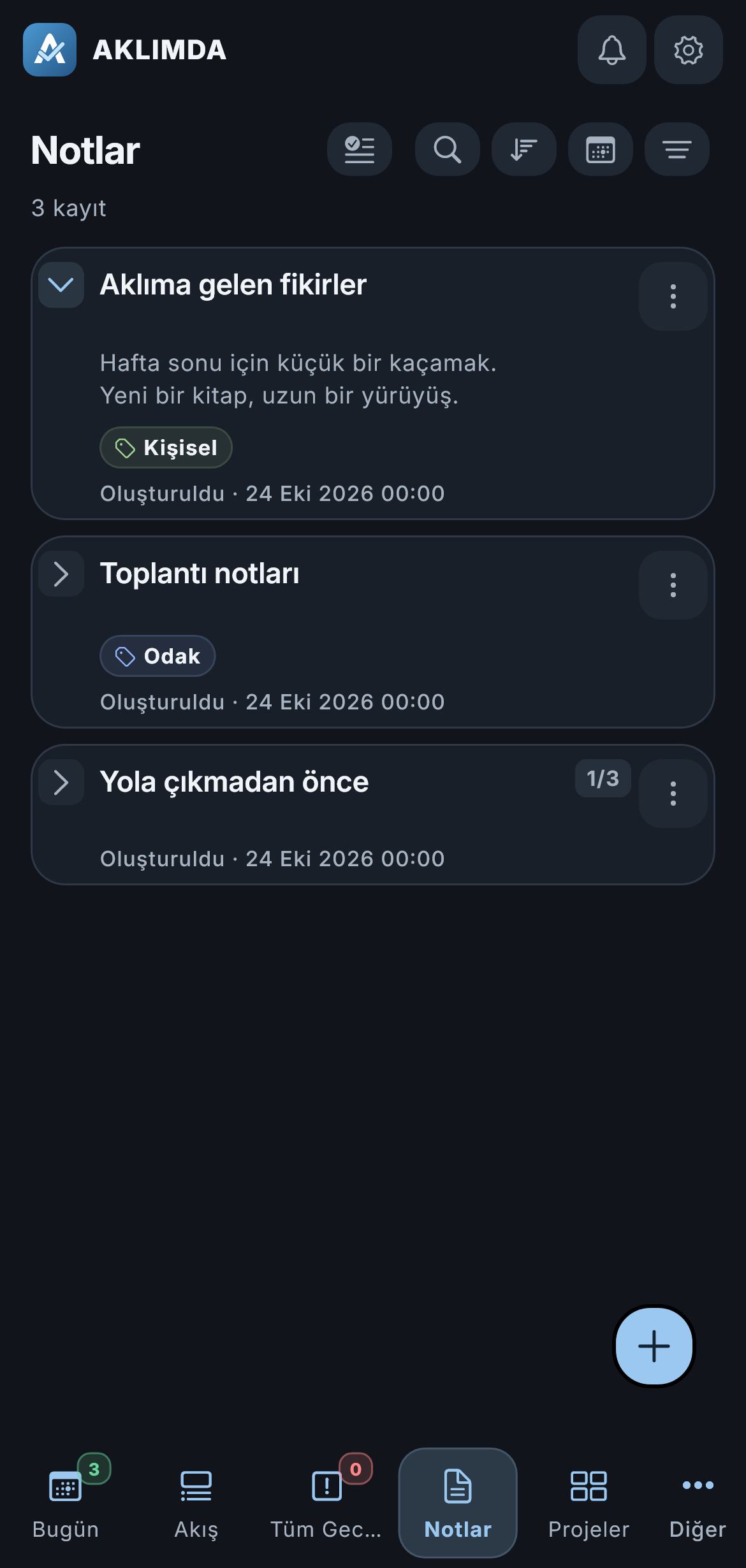 Notları ve kontrol listelerini gösteren Notlar ekranı